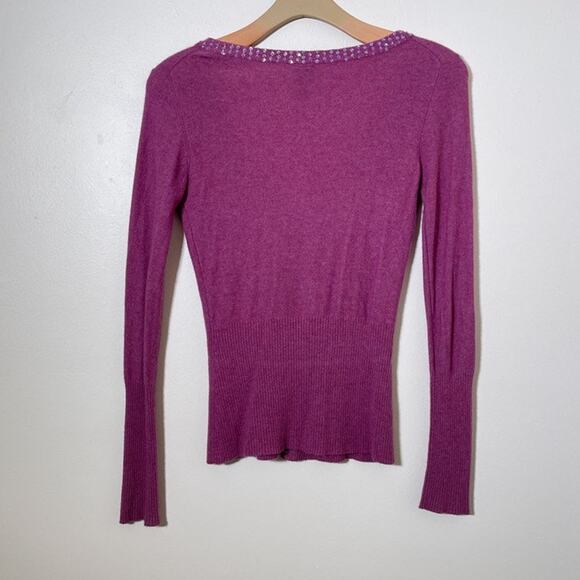 Vintage Y2K Plenty Wool Blend Magenta Deep V Cardigan / Sz L / Fitted Sequined - Picture 2 of 10